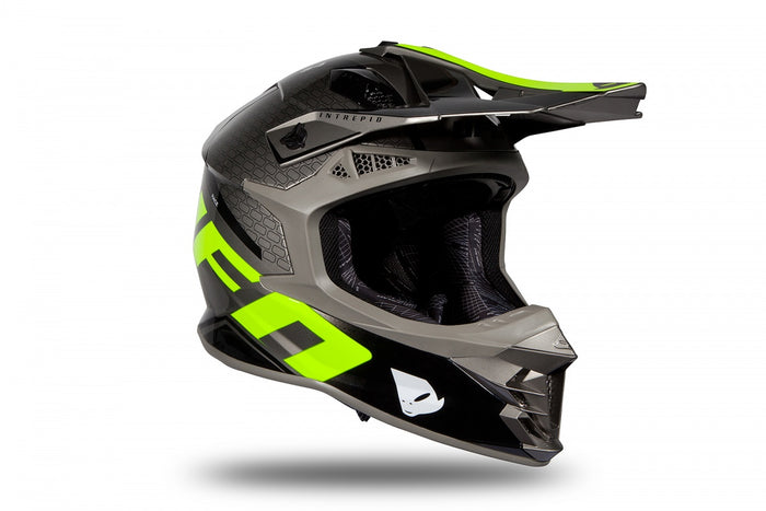 Casco motocross UFO Plast Intrepid gris amarillo brillante vista frontal