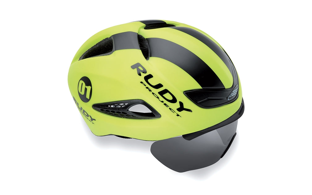 Casco de ciclismo Rudy Project Boost 01 amarillo fluorescente negro mate con diseño Aero Road y tecnología aerodinámica