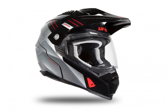 Casco UFO Plast Aries gris diseñado para motocross y enduro moderno