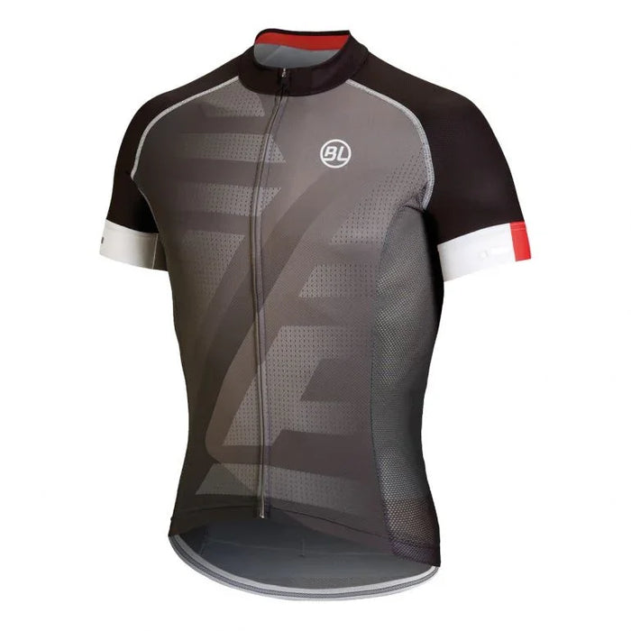 Camiseta ciclismo gris y negro con detalles rojos y logo BL, ideal para ciclistas
