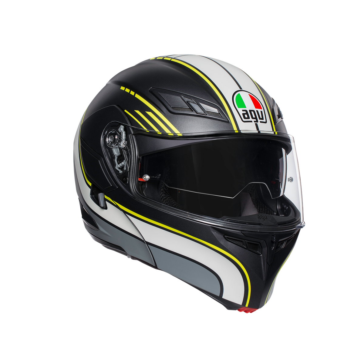 Casco modular AGV Compact ST Boston negro mate gris amarillo vista frontal posición integral
