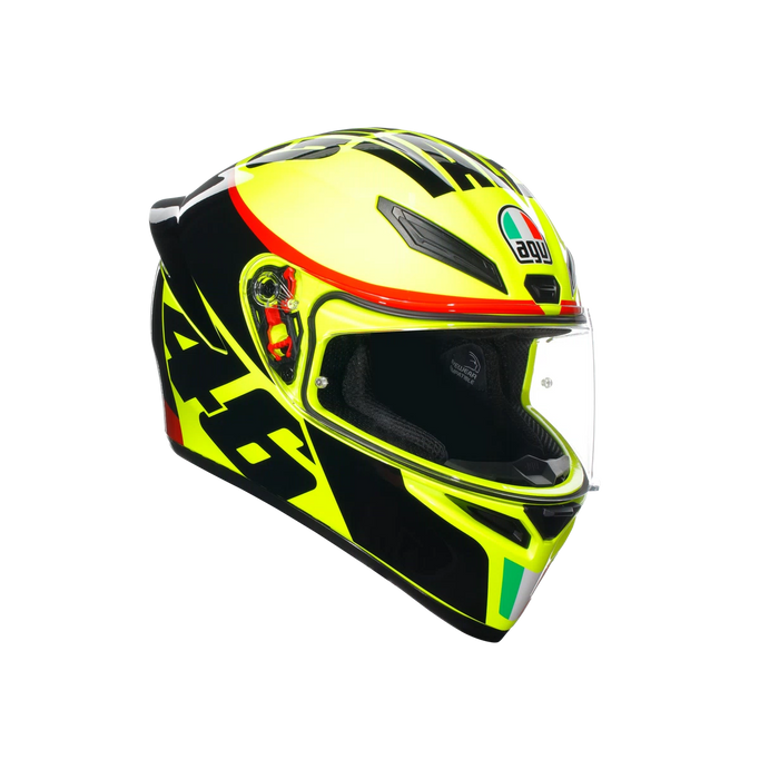 Casco integral AGV K1 S Grazie Vale Valentino Rossi vista frontal amarillo negro
