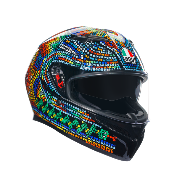 Casco integral AGV K3 Rossi Winter Test 2018 vista frontal negro azul amarillo
