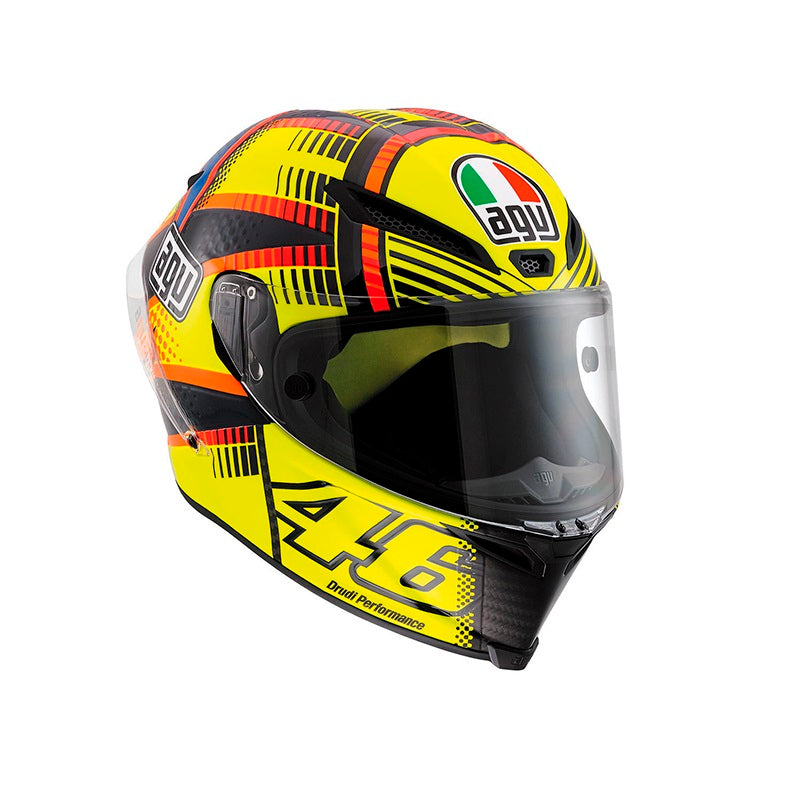 Casco integral AGV Pista GP Rossi Soleluna Qatar 2015 vista frontal amarillo azul negro carbono

