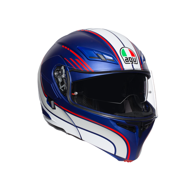 Casco modular AGV Compact ST Boston azul mate blanco rojo vista frontal posición integral
