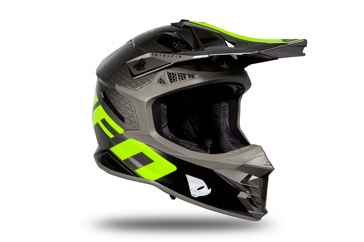 Casco motocross UFO Plast Intrepid gris amarillo brillante vista frontal
