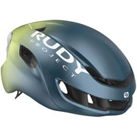 Casco de ciclismo Rudy Project Nytron azul avio verde manzana metal mate con diseño aero road y ventilación avanzada