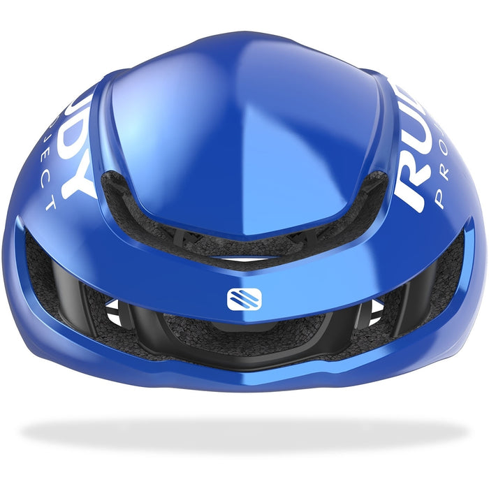 Vista frontal del casco Rudy Project Nytron azul metalizado negro mate