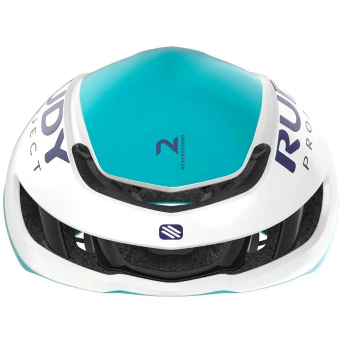 Vista frontal del casco Rudy Project Nytron Bahrain Victorious 25 blanco teal dorado brillante