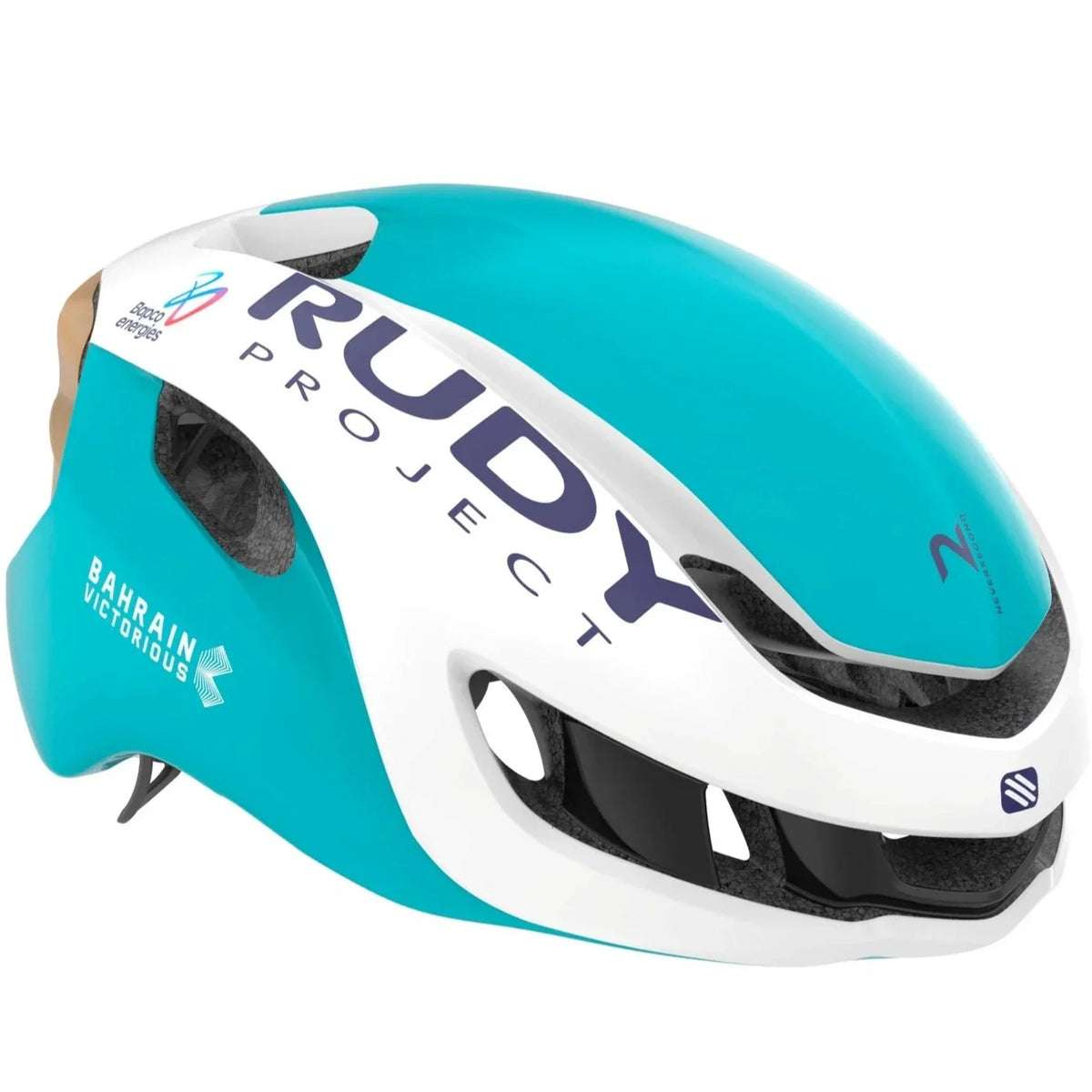 Casco de ciclismo Rudy Project Nytron Bahrain Victorious 25 blanco teal dorado brillante con diseño Aero Road y protección WG11