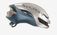 Vista lateral izquierda del casco Rudy Project Nytron champagne azul avio metal mate