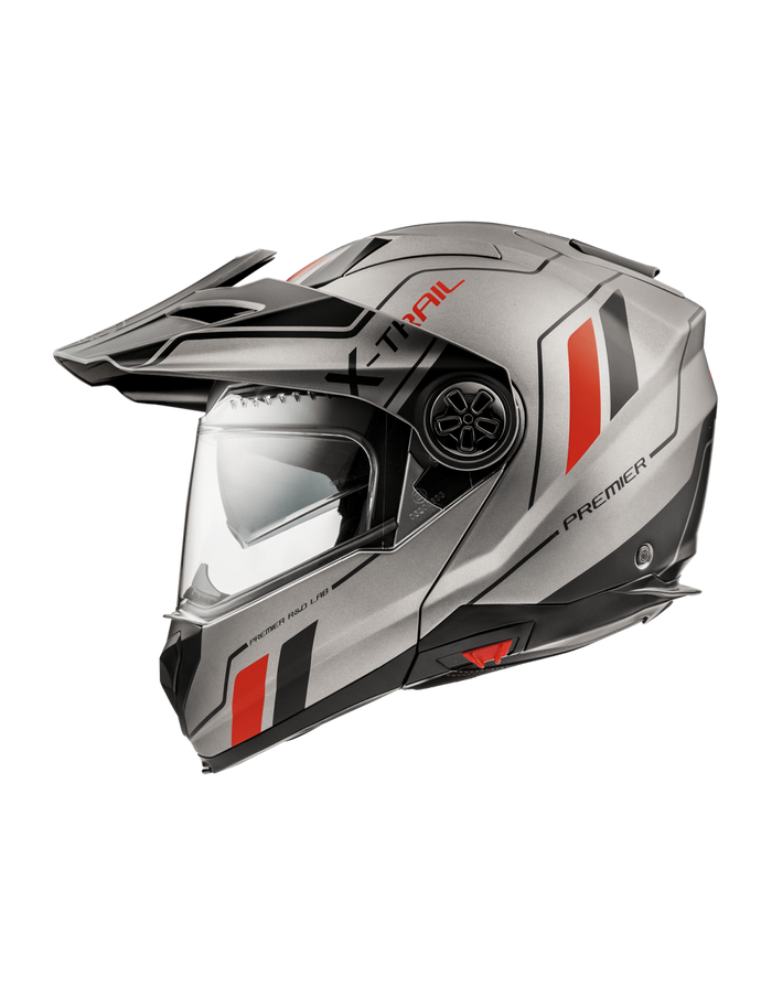 Vista lateral izquierda casco modular Premier X-Trail XT 17 BM gris rojo