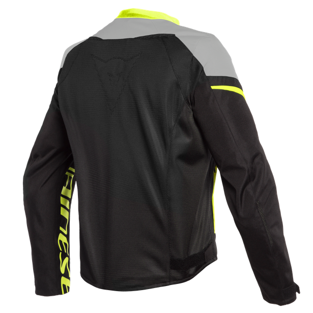 Vista trasera de la chamarra para moto Dainese Bora Air Tex negra amarillo flúor