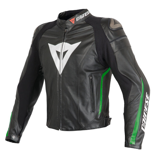 Chamarra para moto Dainese Super Fast Estivo negro verde flúor de cuero perforado