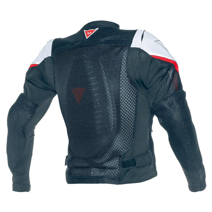 Vista trasera de la chamarra para moto Dainese Sport Guard negra blanco con protección de espalda