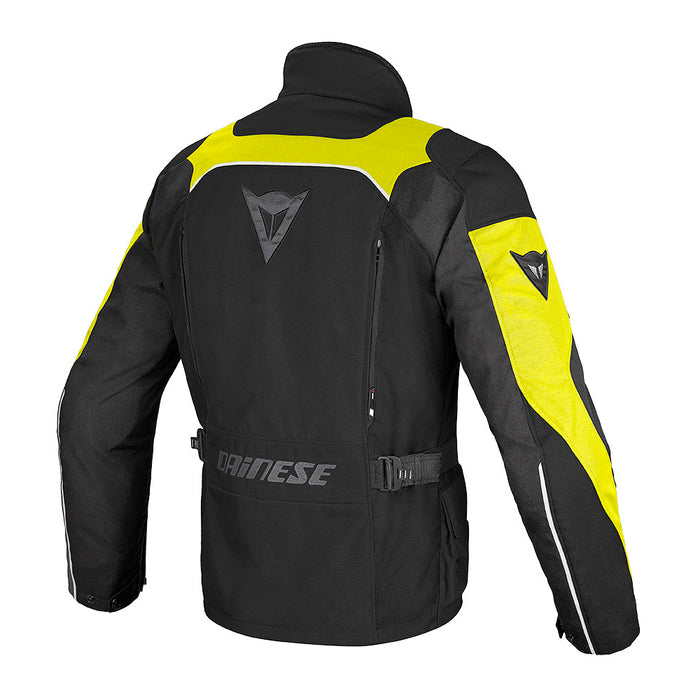 Vista trasera de la chamarra para moto Dainese Tempest D-Dry negra amarillo flúor