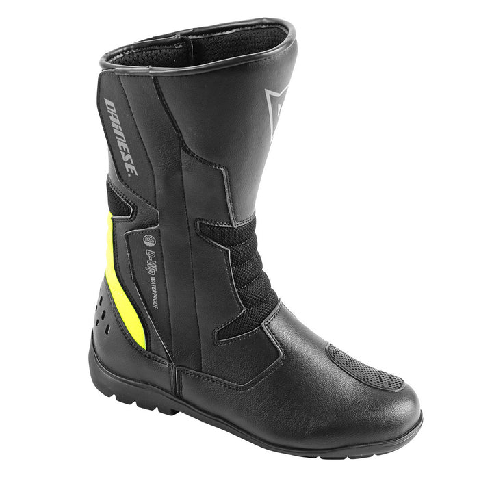 Botas para moto Dainese Tempest D-WP negro amarillo flúor vista frontal touring impermeable