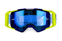 Vista frontal de los goggles UFO Plast Core 2.0 azul y amarillo neón