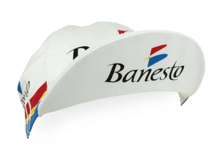 Gorra Gist Equipo Banesto blanca con azul vista frontal estilo ciclismo vintage