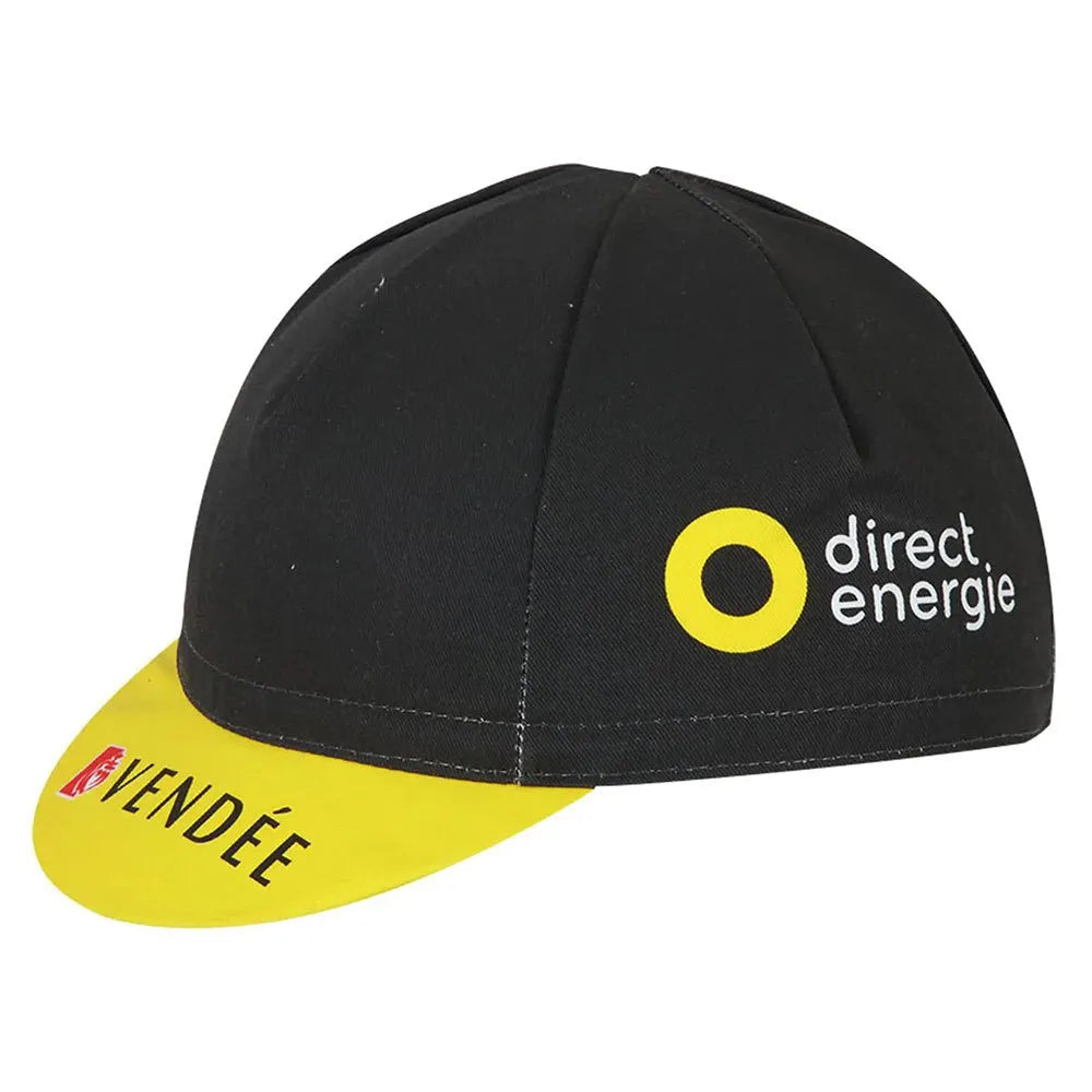 Gorra Gist Equipo Direct Énergie Vendée negra con amarillo para ciclismo y uso bajo casco