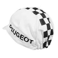 Diseño de cuadros blanco y negro de la gorra Gist Equipo Peugeot inspirado en ciclismo clásico
