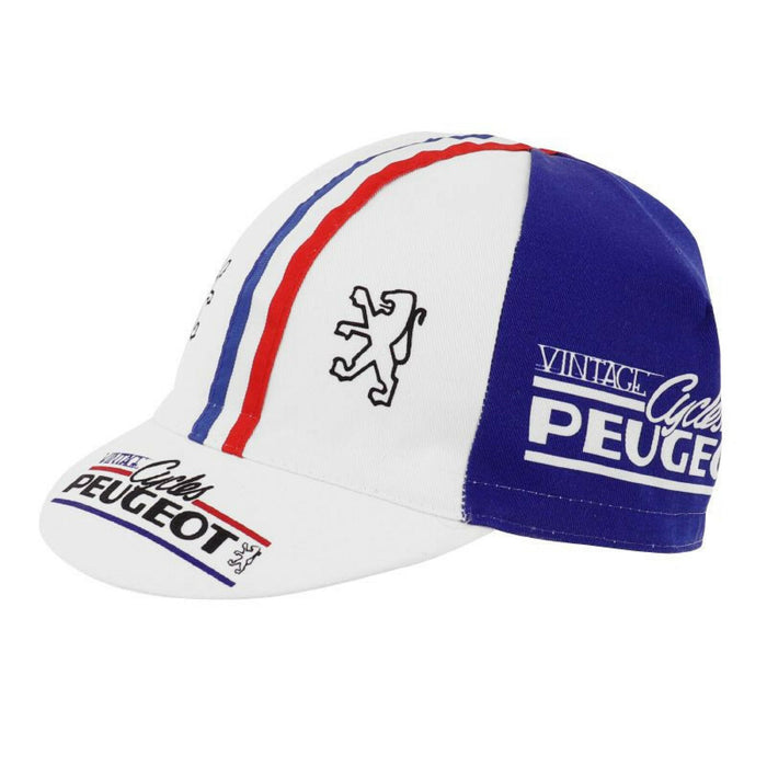Gorra Gist Equipo Peugeot Cycles Blanca con Azul Vintage para ciclismo y uso bajo casco