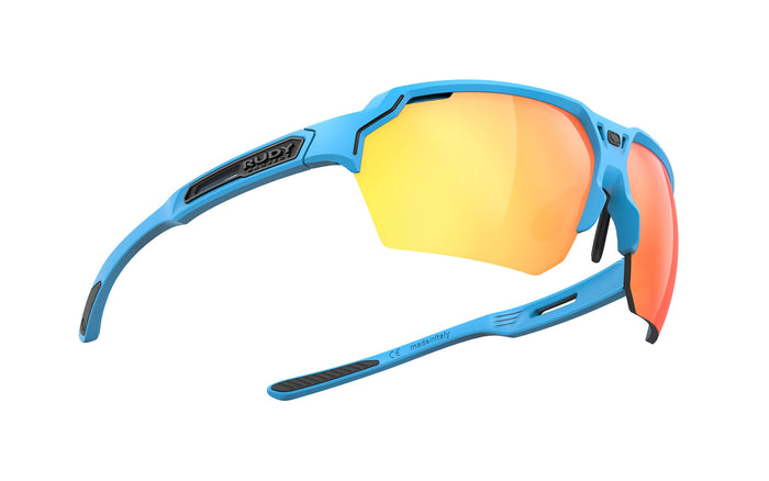 Vista frontal de los lentes Rudy Project Deltabeat Azul Azur Mate con Multiláser Naranja