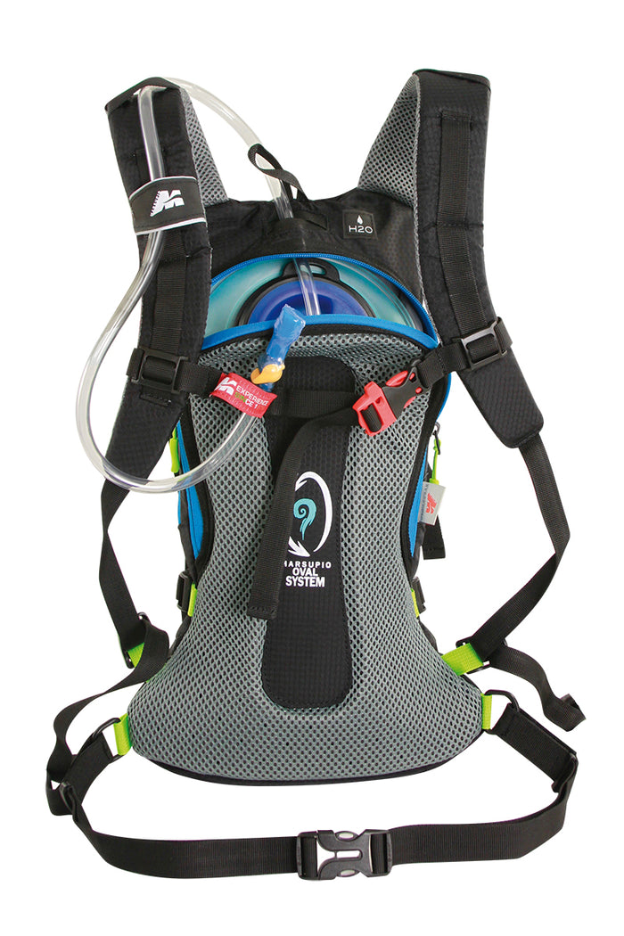 Vista trasera de la mochila Marsupio Energy negra con azul