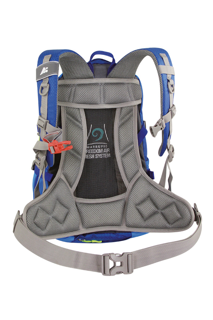 Vista trasera de la mochila Marsupio Mida 20 color azul con sistema Freedom Air Mesh