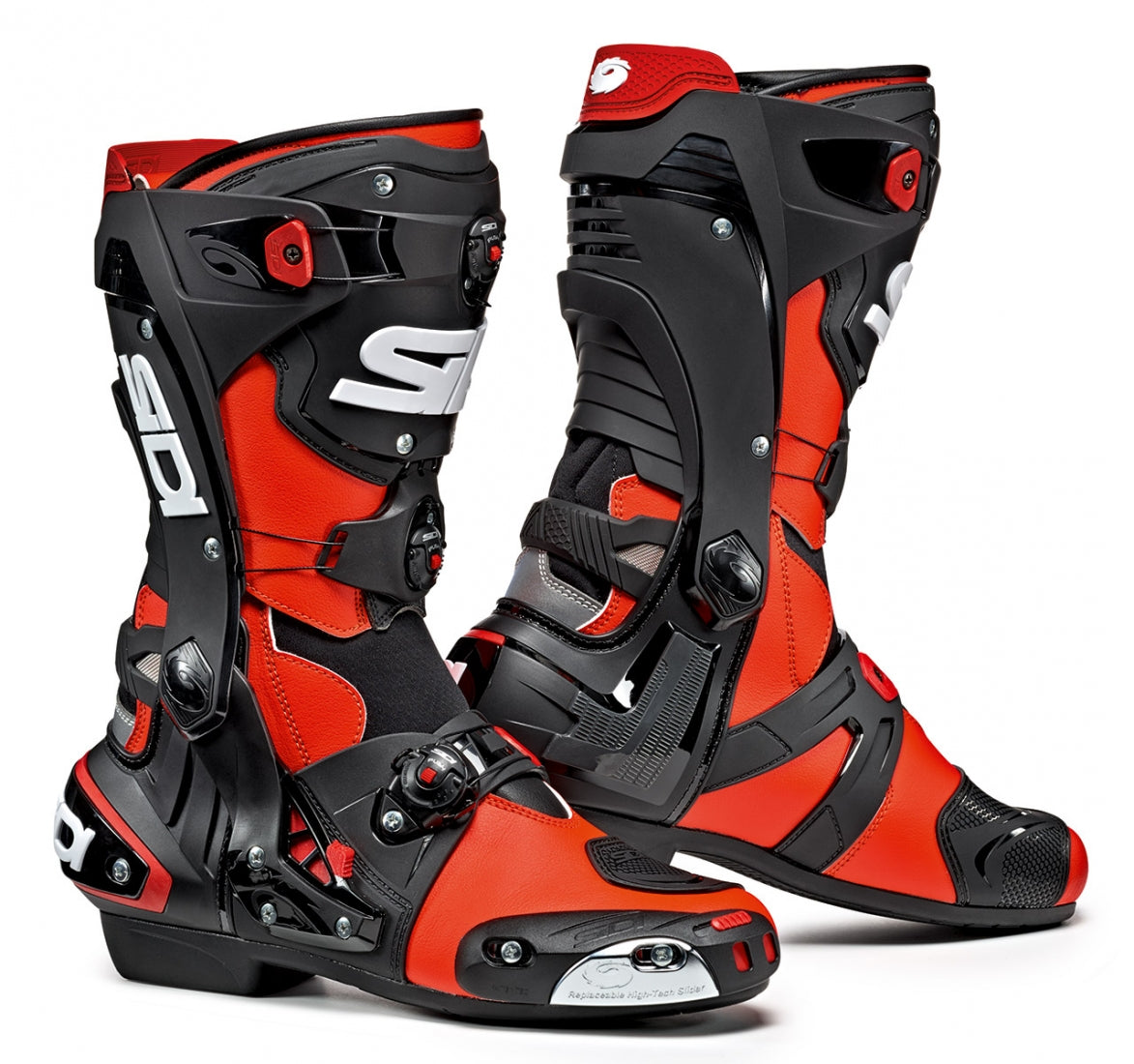 Botas para moto Sidi Rex rojo flúor negro vista frontal para conducción deportiva