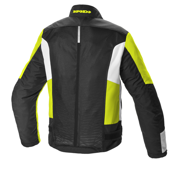 Vista trasera de la chamarra para moto Spidi Solar Net Sport negra amarillo flúor
